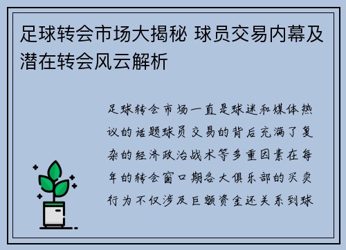 足球转会市场大揭秘 球员交易内幕及潜在转会风云解析