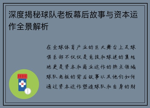 深度揭秘球队老板幕后故事与资本运作全景解析